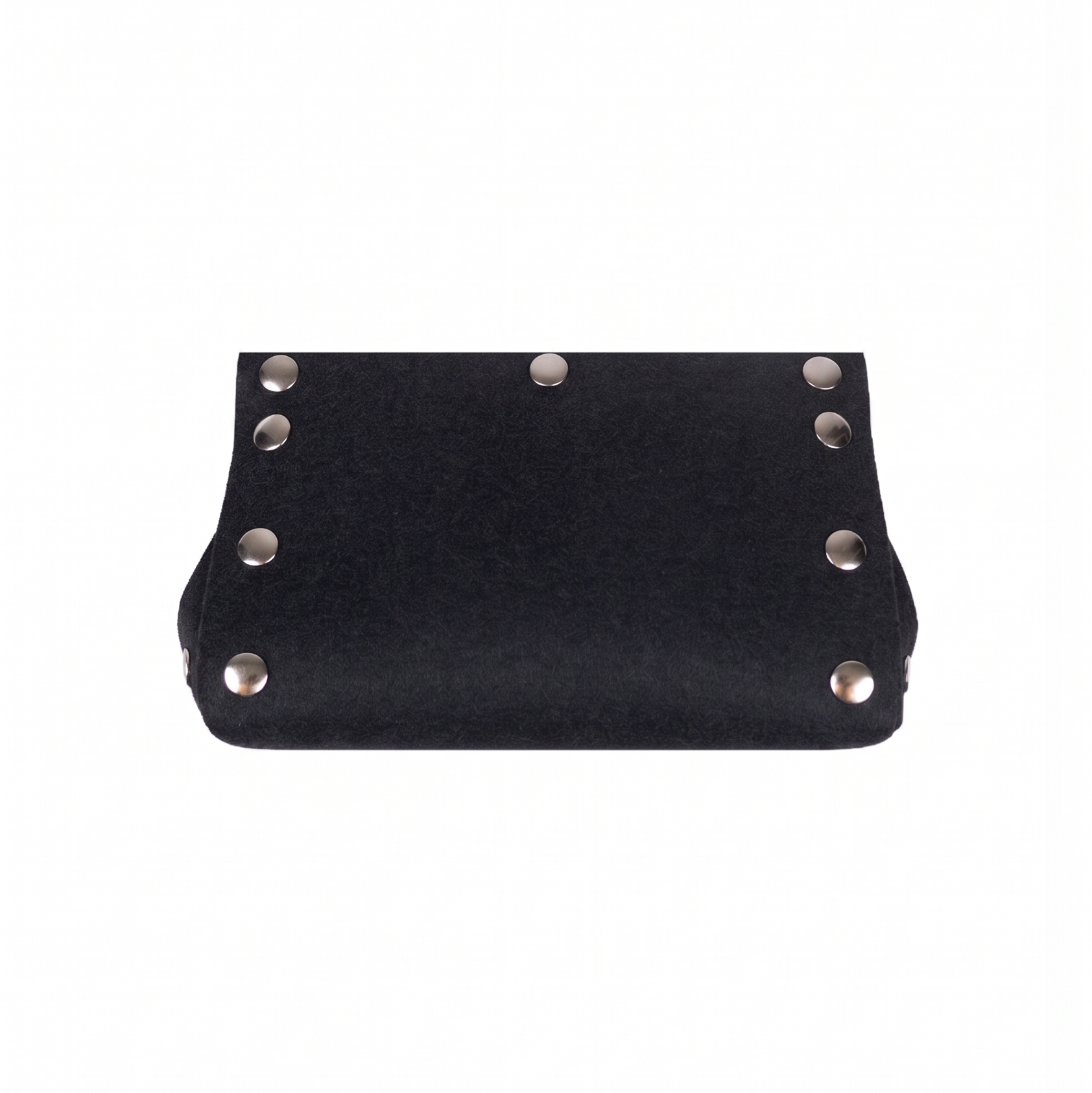 Black leather clutch with silver studs on a white background