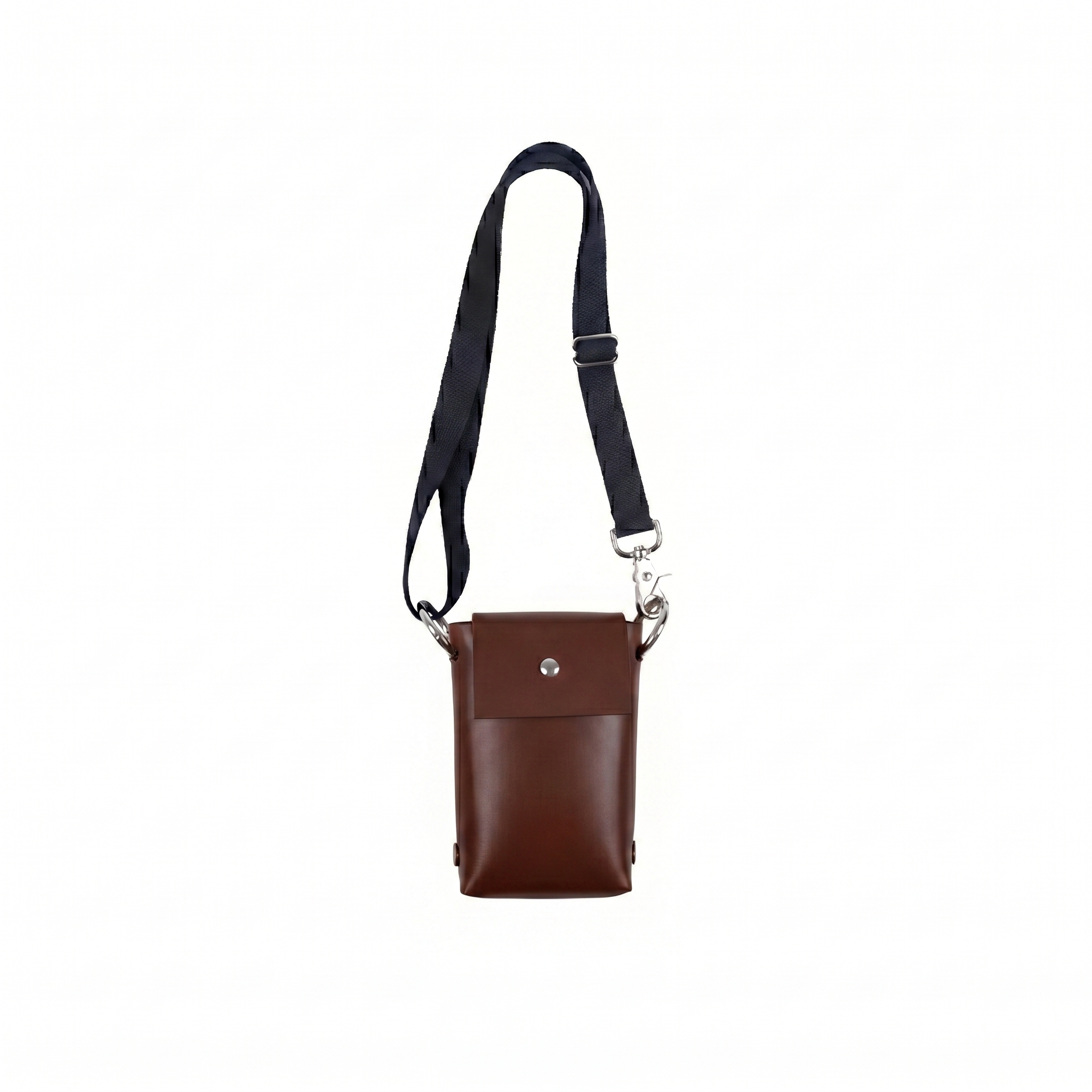 Brown leather crossbody bag with a black strap on a white background