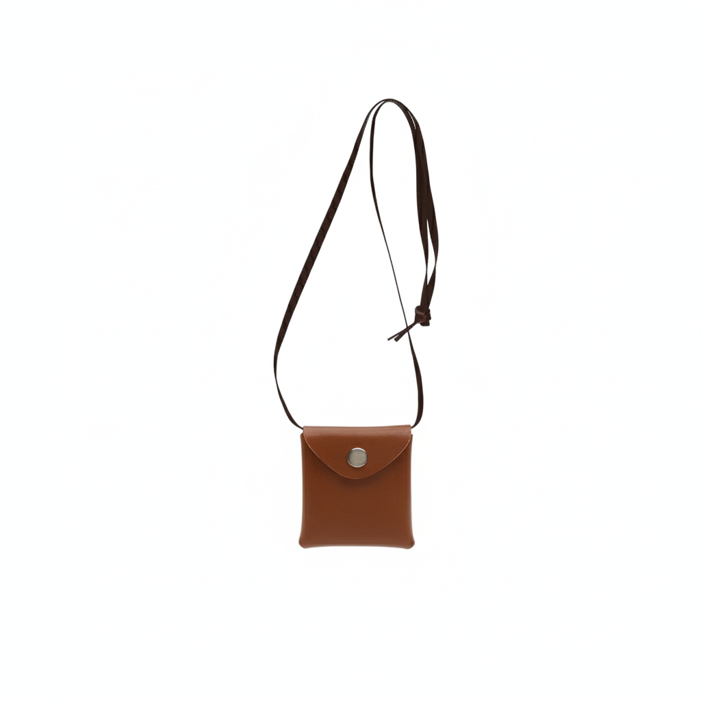 Brown leather crossbody bag with a strap on a white background