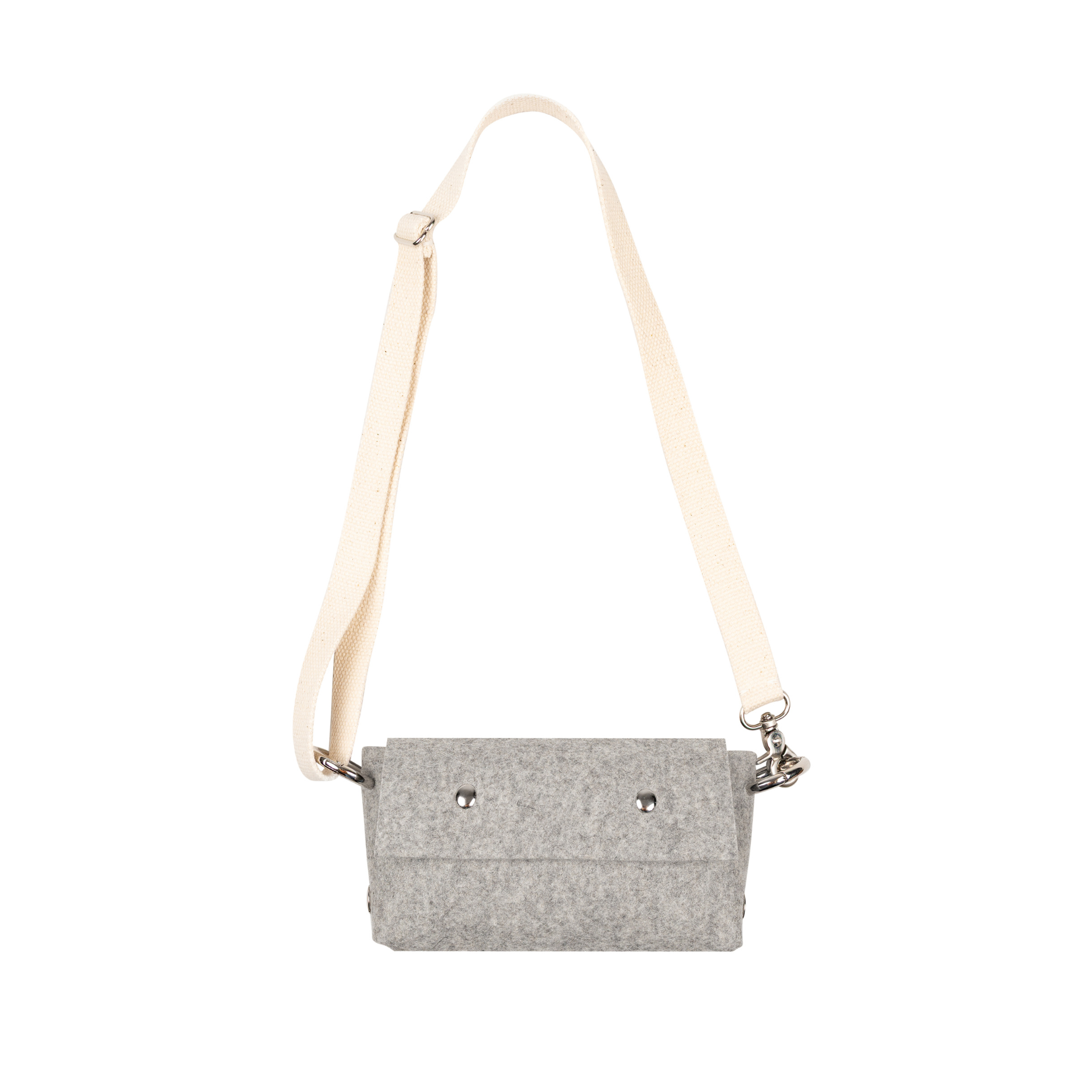 A small gray felt crossbody bag with a wide cream-colored shoulder strap and silver metal hardware, shown against a plain white background.