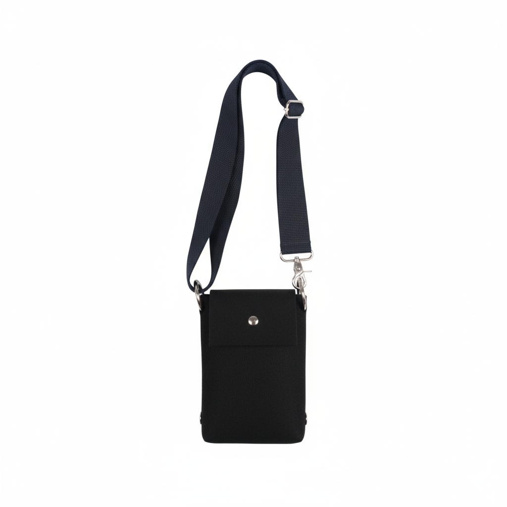 Black crossbody bag with a strap on a white background