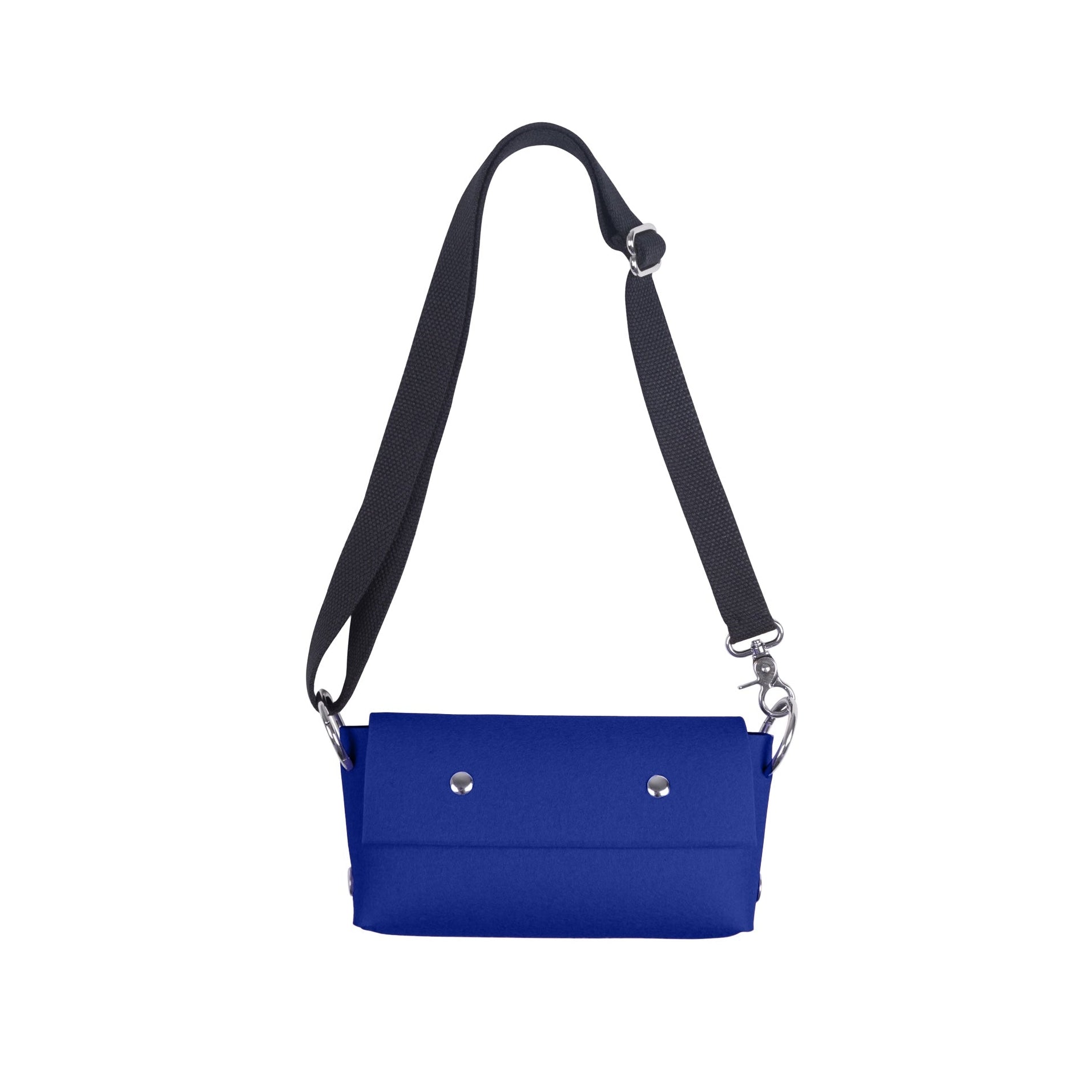 A royal blue crossbody bag with a black adjustable shoulder strap and silver-tone hardware, shown against a plain white background.