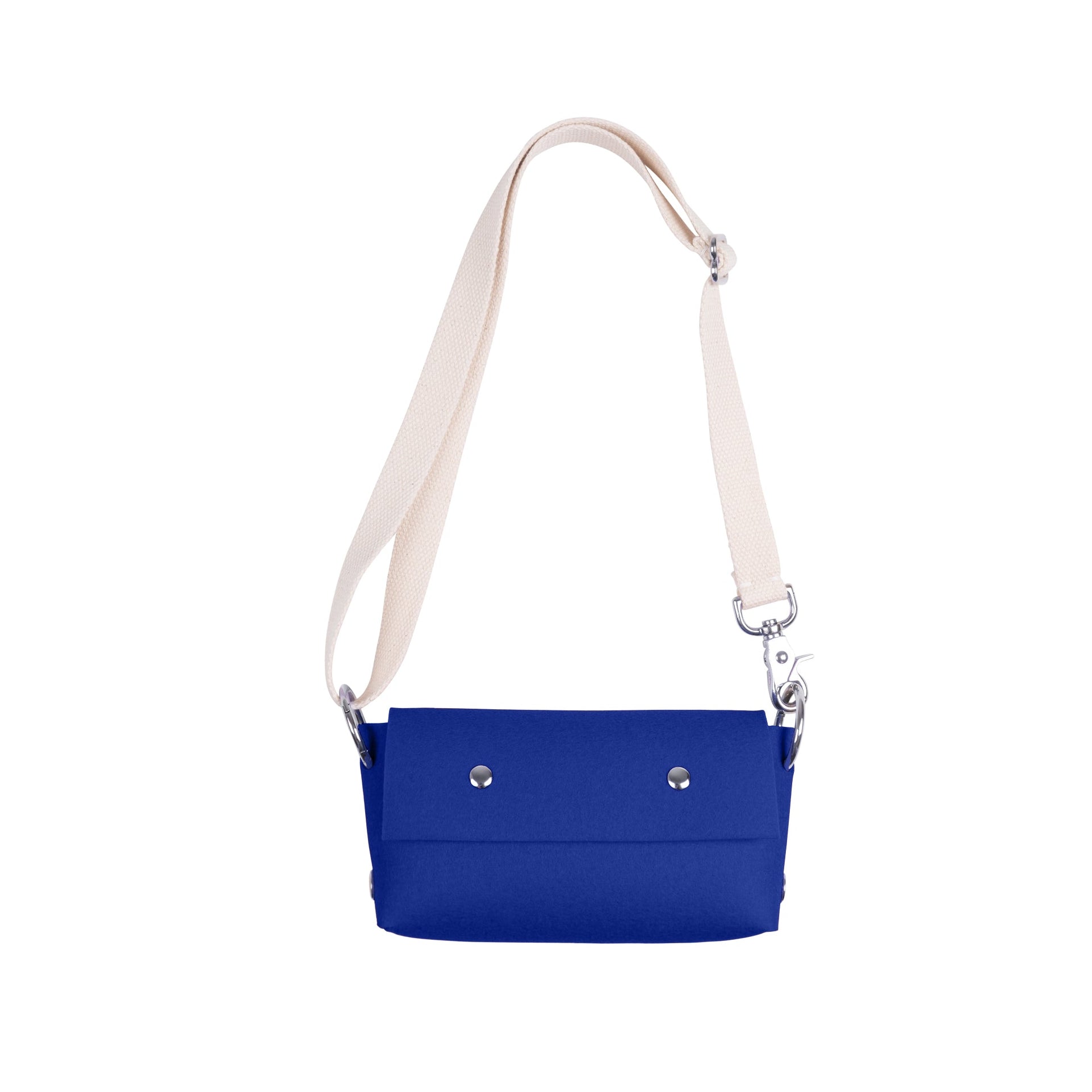 A royal blue crossbody bag with a light beige adjustable shoulder strap and silver-tone hardware, shown against a plain white background.