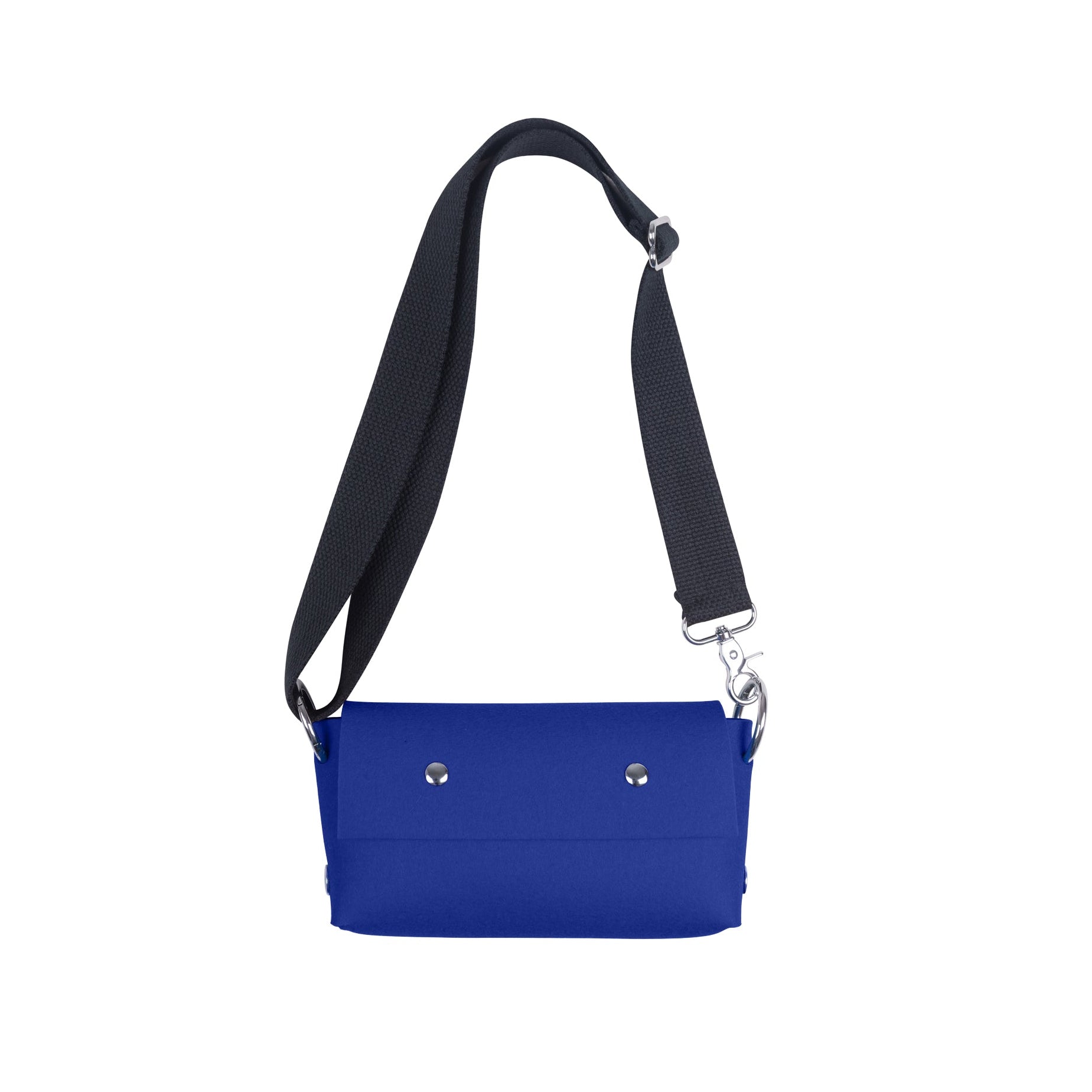 A royal blue crossbody bag with a black adjustable shoulder strap and silver-tone hardware, shown against a plain white background.