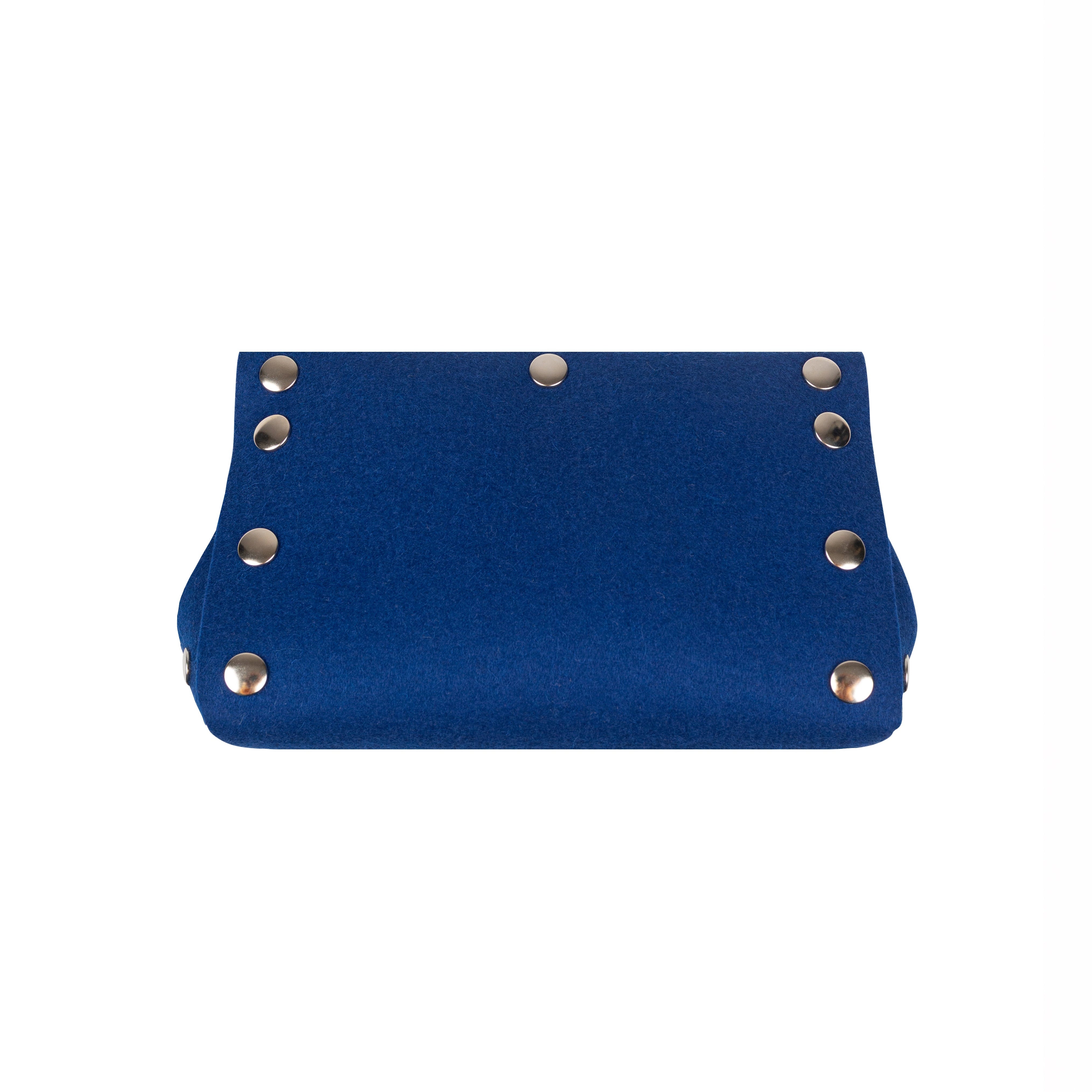 Blue clutch bag with gold studs on a white background