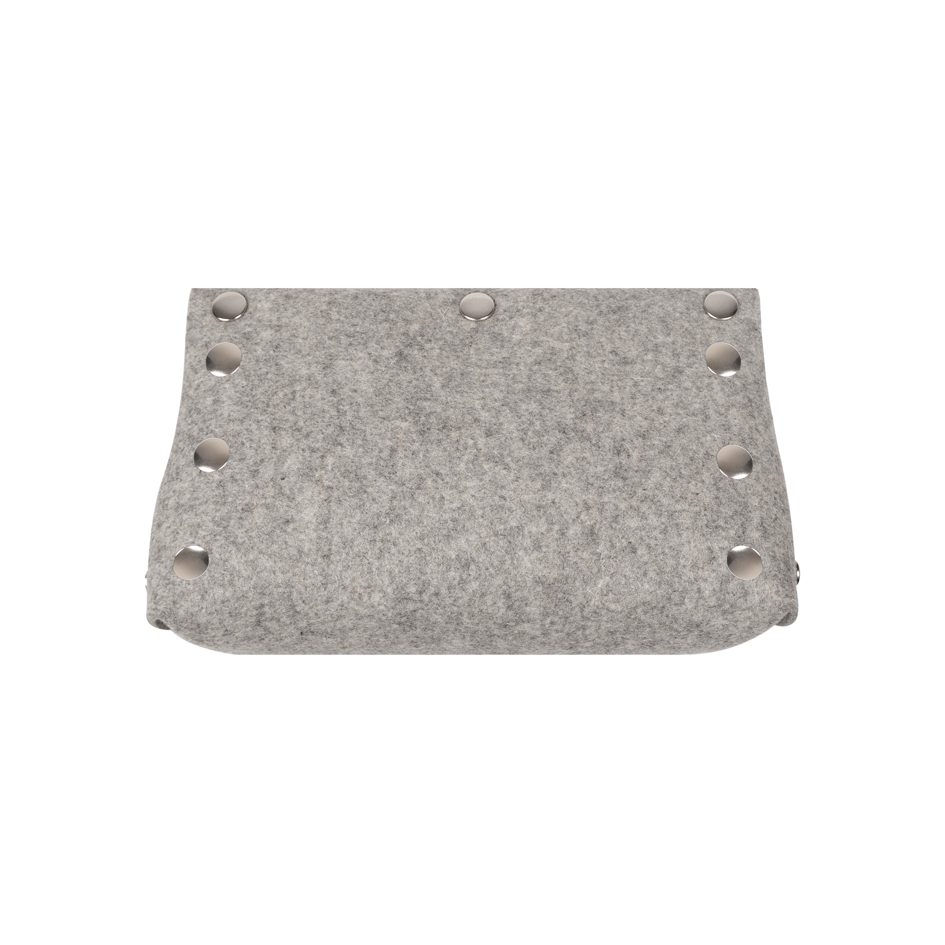 Gray felt pouch with button details on a white background