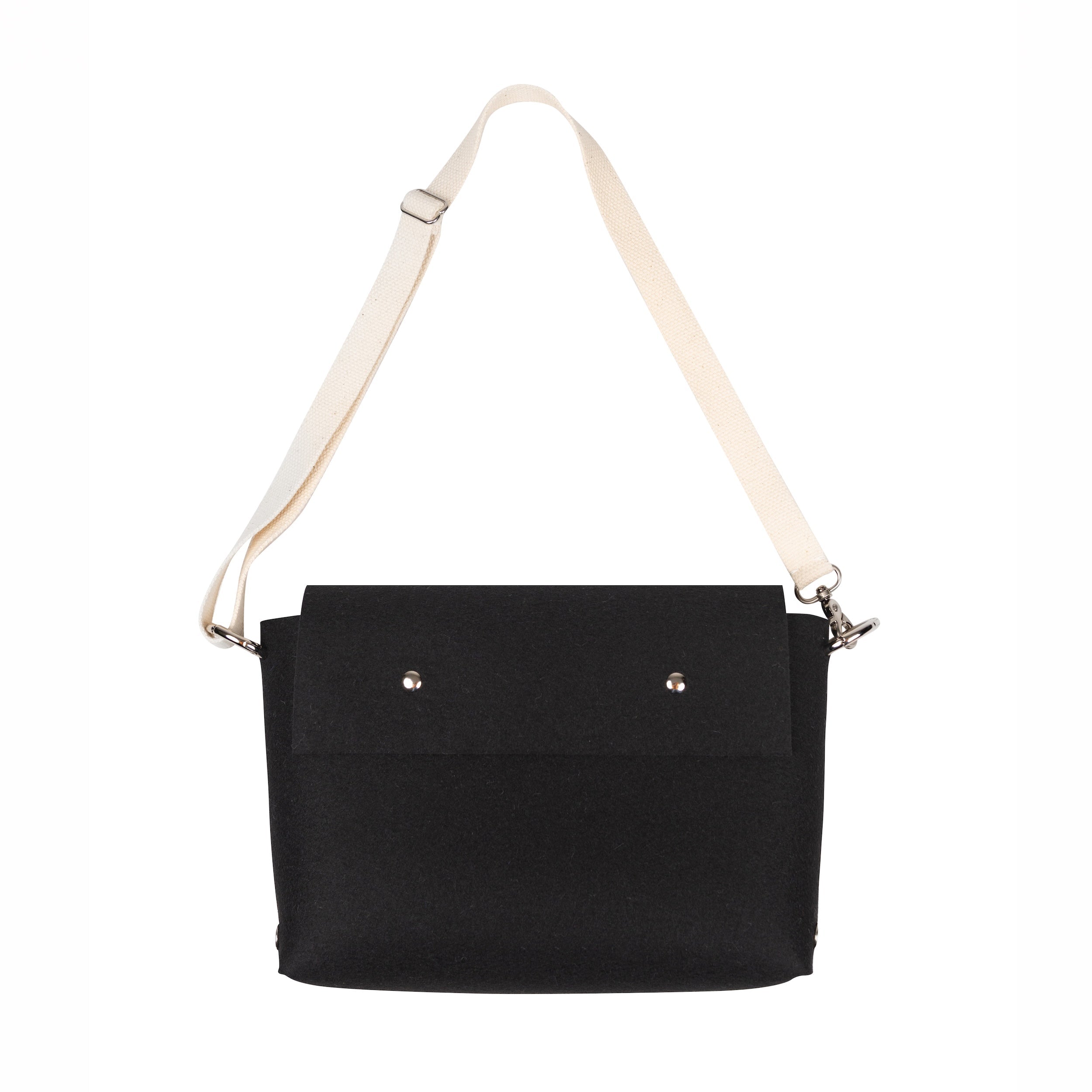 Black handbag with a beige strap on a white background