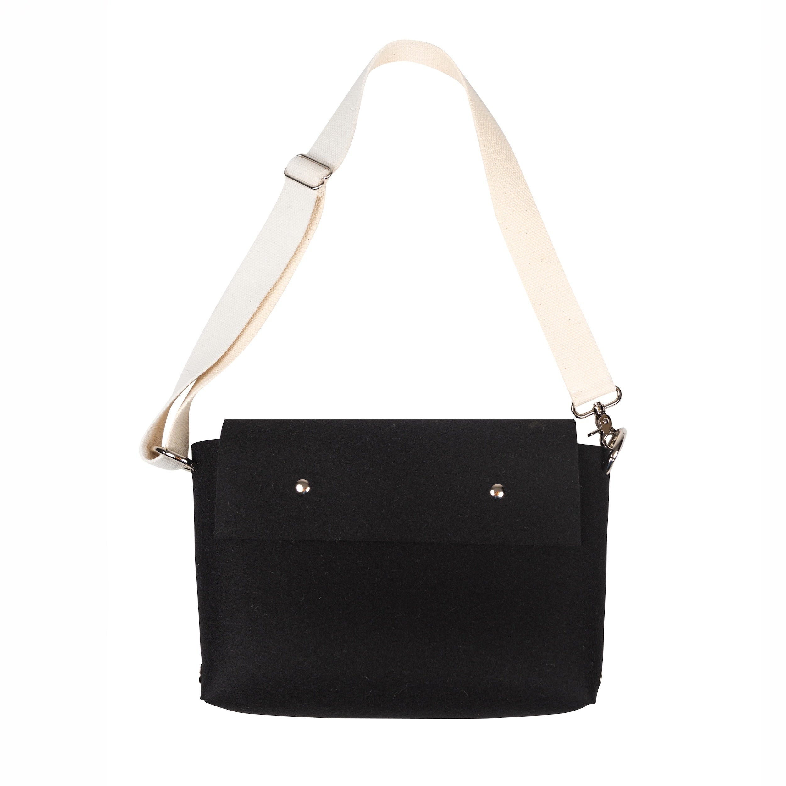 Black handbag with a beige strap on a white background