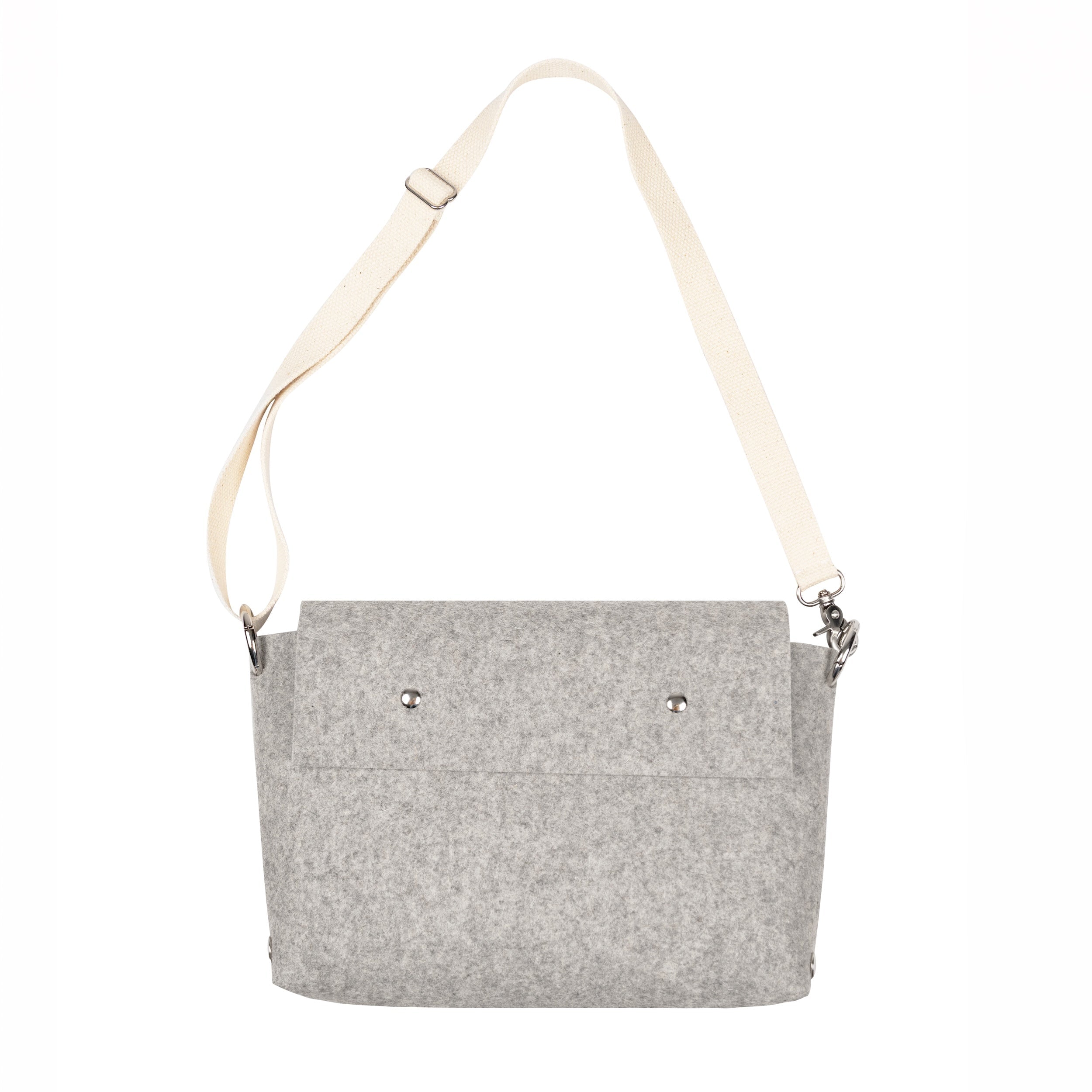 Gray shoulder bag with a strap on a white background
