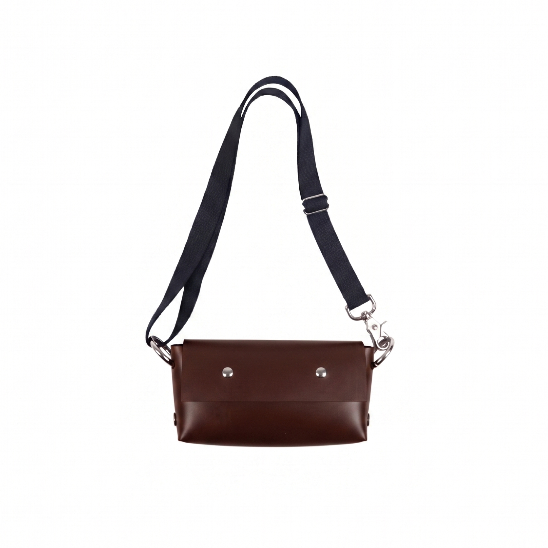 Brown leather handbag with a black strap on a white background