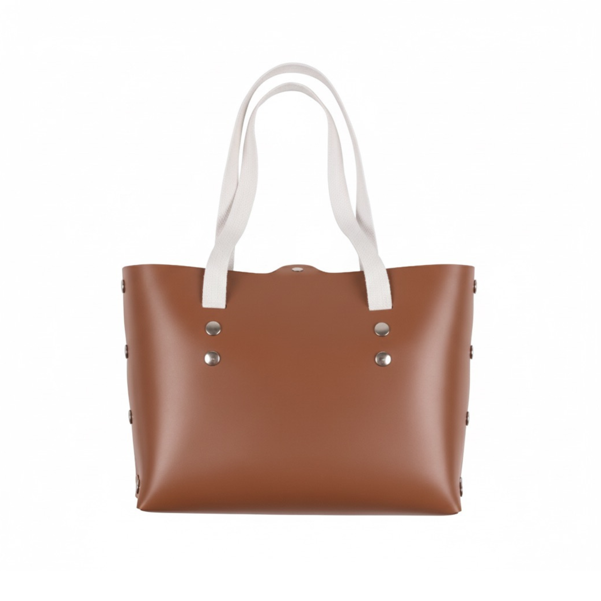 Brown tote bag with white handles on a white background
