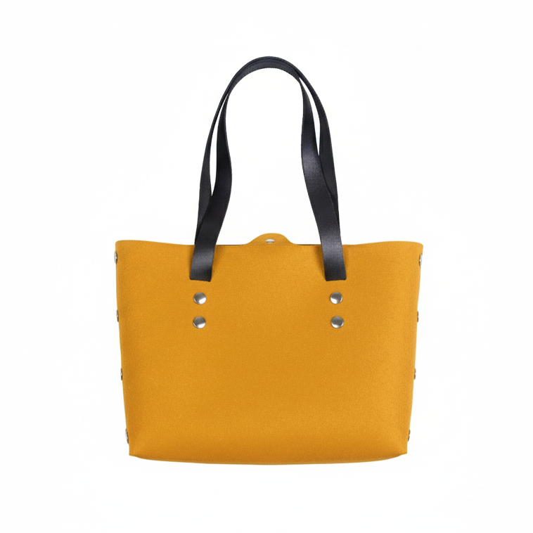 Yellow tote bag with black handles on a white background