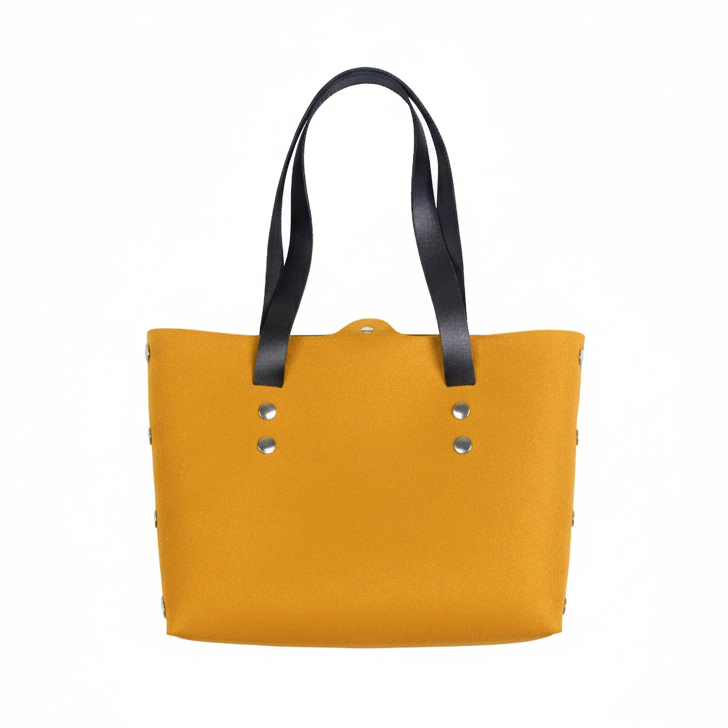 Yellow tote bag with black handles on a white background