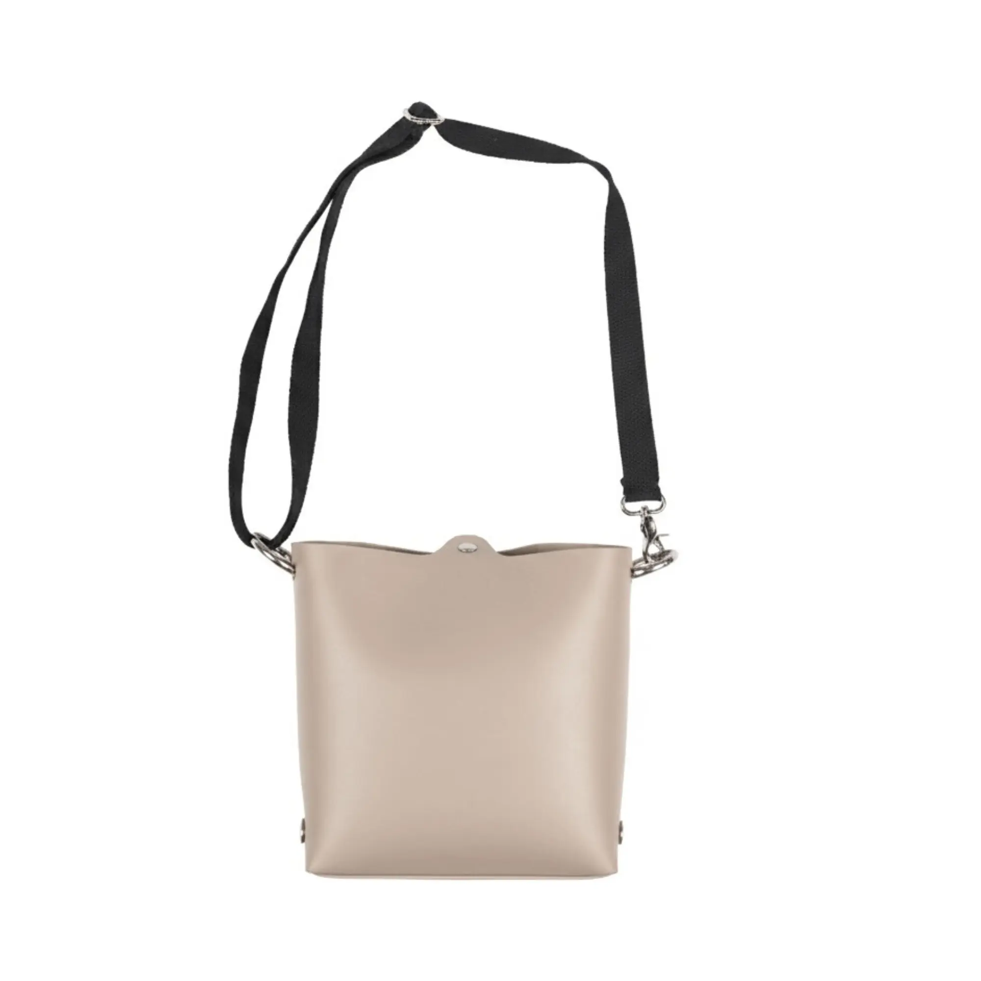 Beige handbag with a black strap on a white background