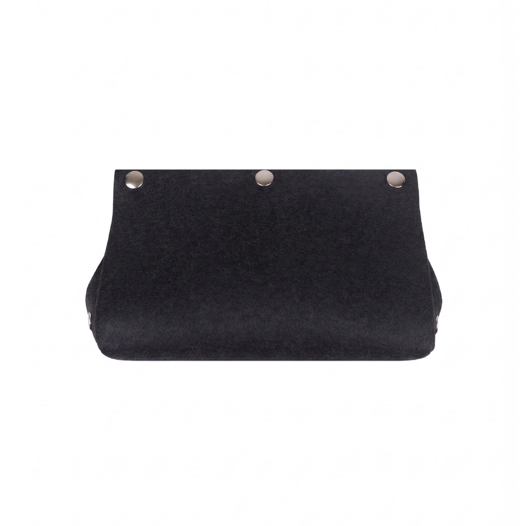 Black clutch bag with silver clasp on a white background