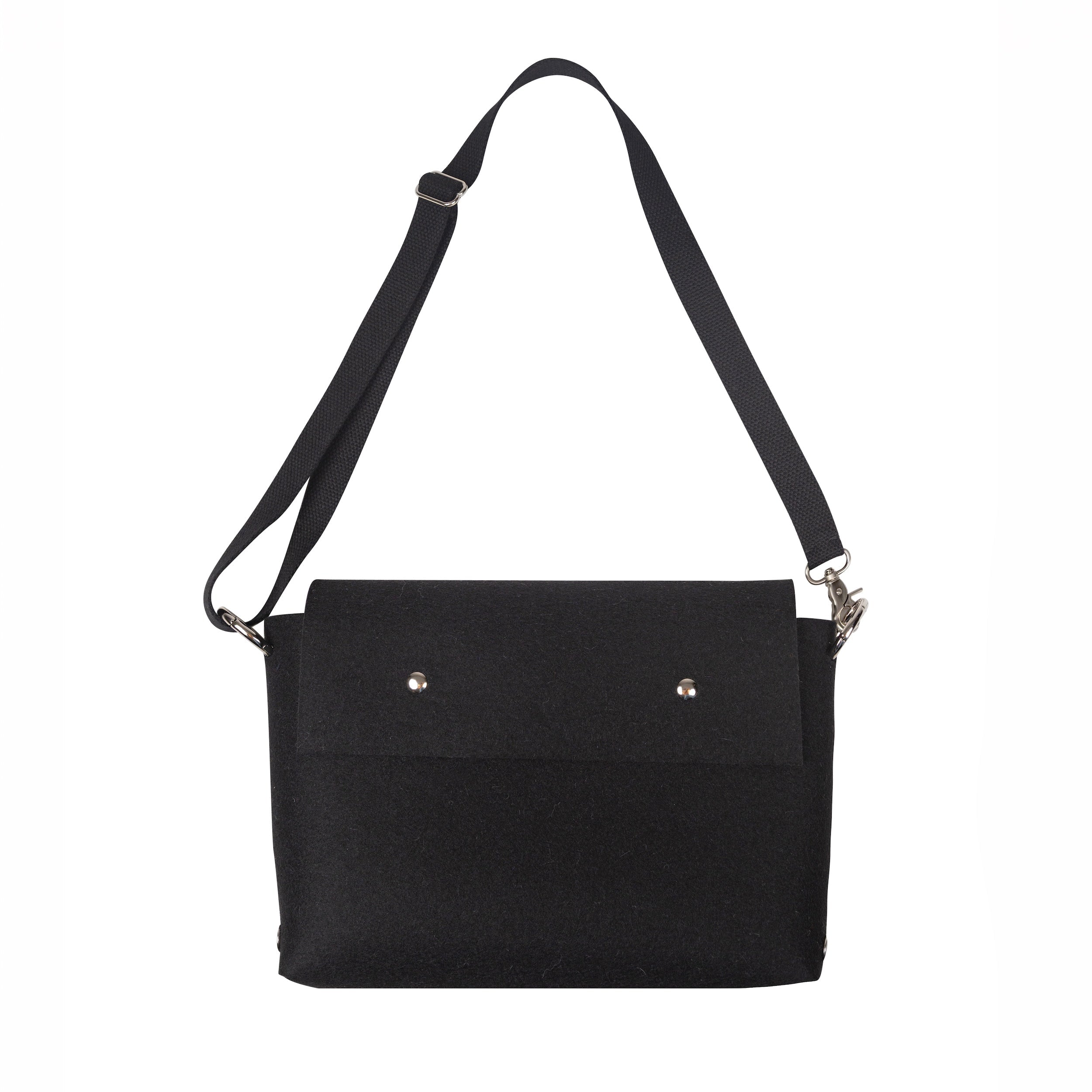 Black shoulder bag with a strap on a white background