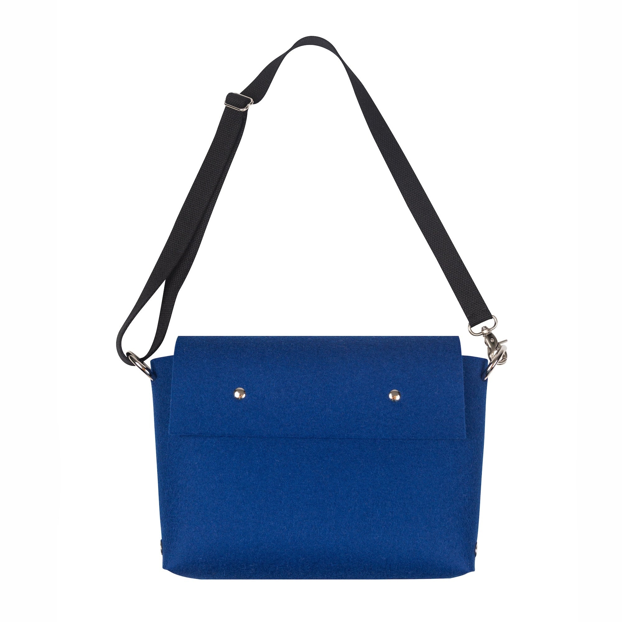 Blue handbag with a black strap on a white background