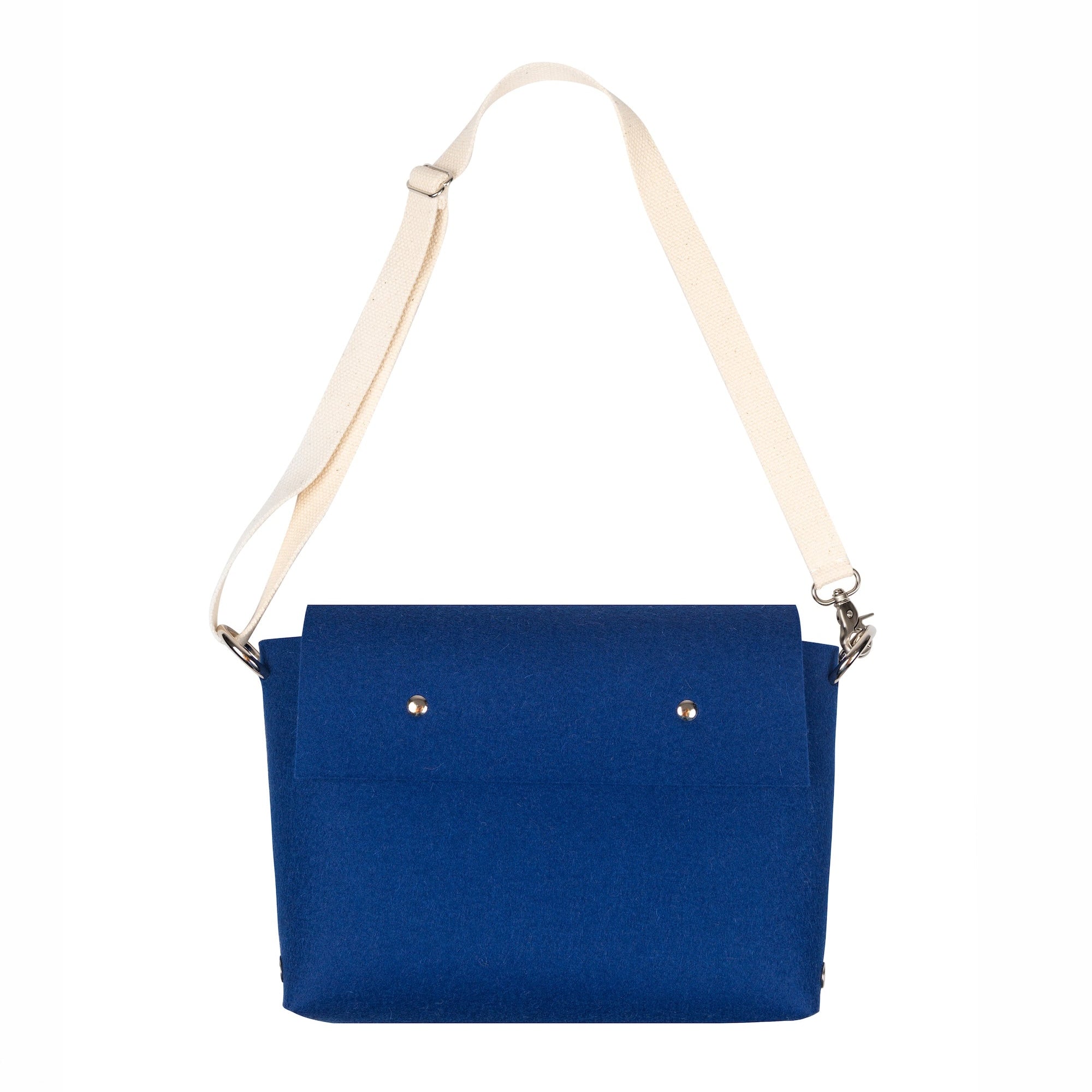 Blue handbag with a beige strap on a white background
