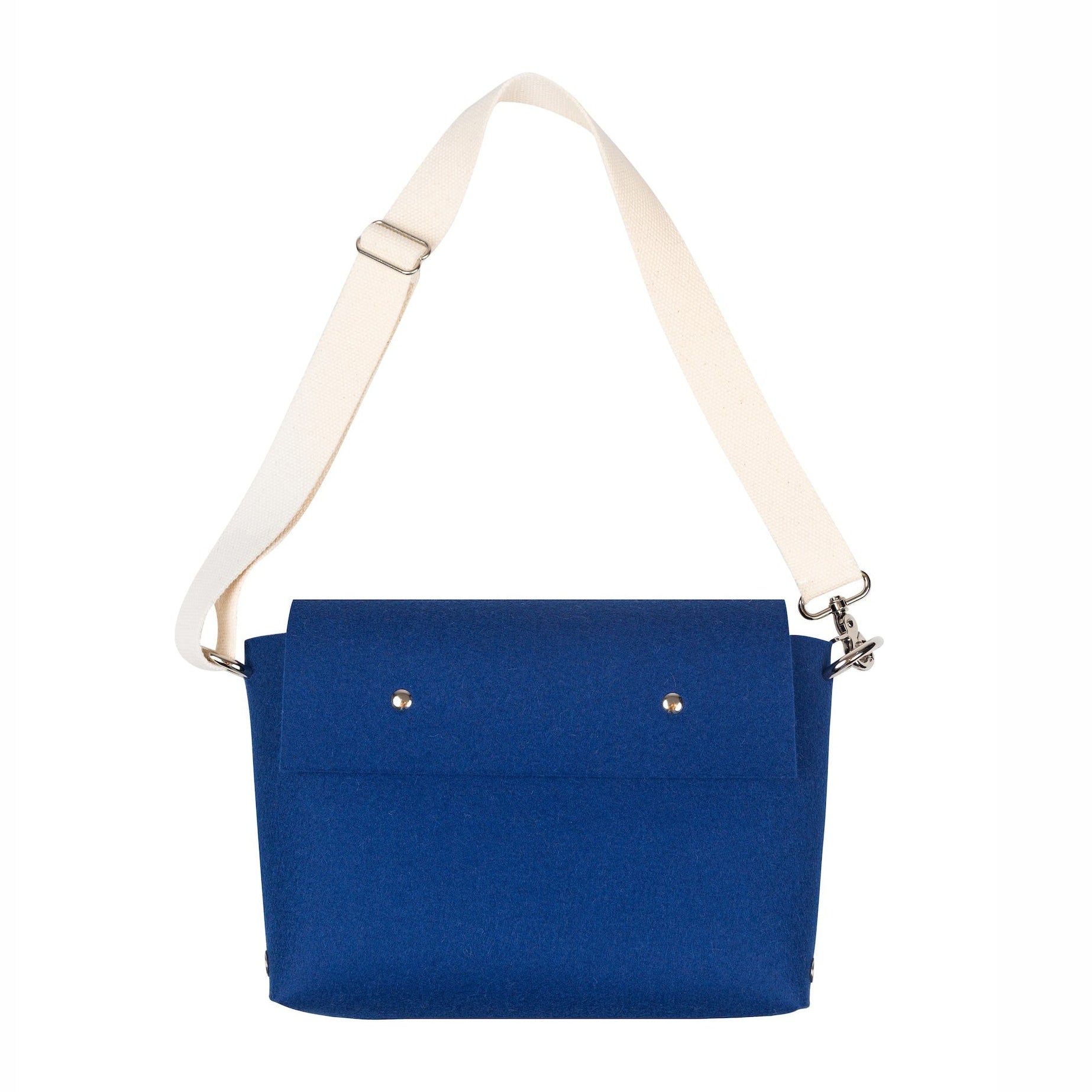 Blue handbag with a white strap on a white background