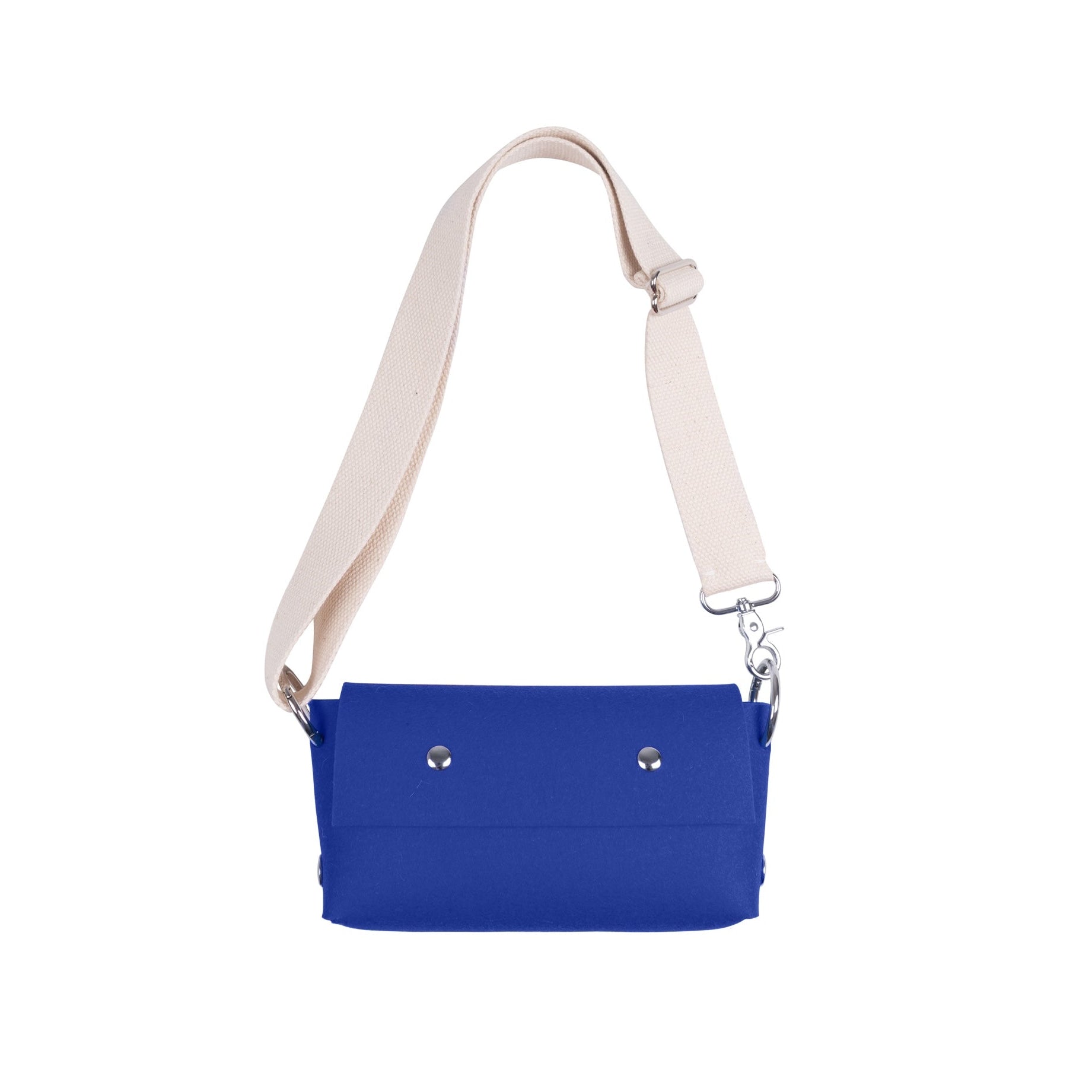 A royal blue rectangular shoulder bag with a light beige adjustable strap and silver-tone hardware, shown against a plain white background.