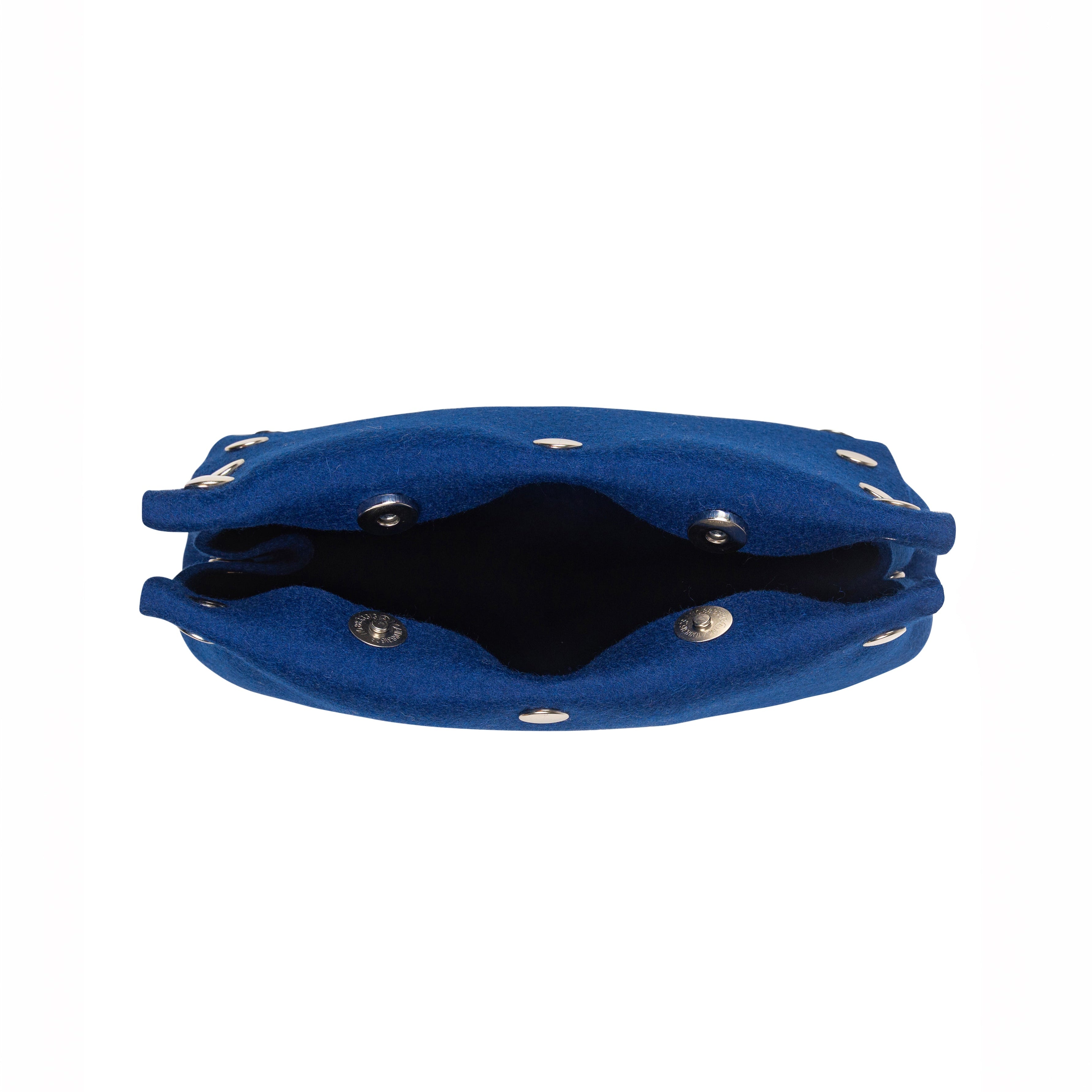 Blue handbag with gold studs on a white background