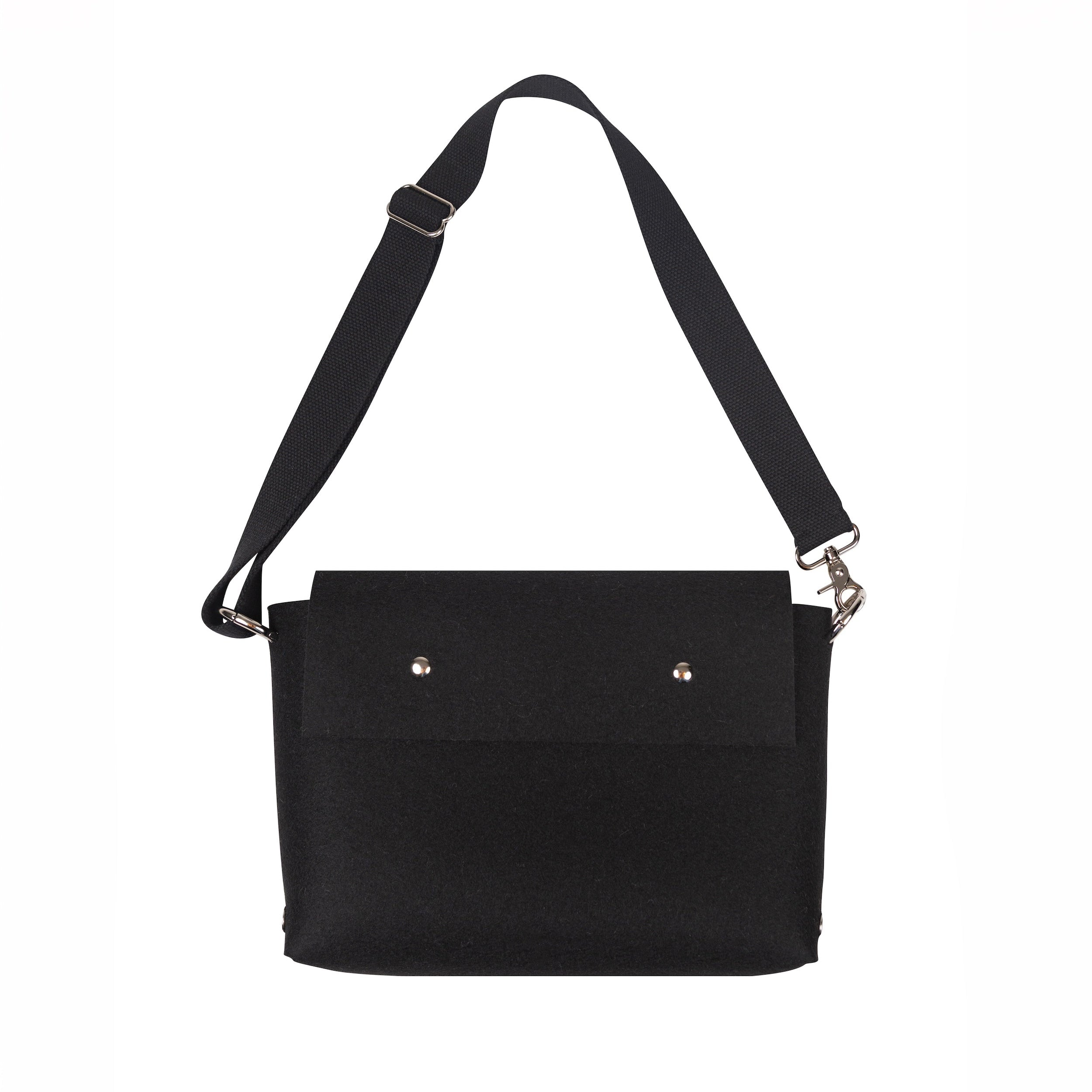 Black shoulder bag with a strap on a white background