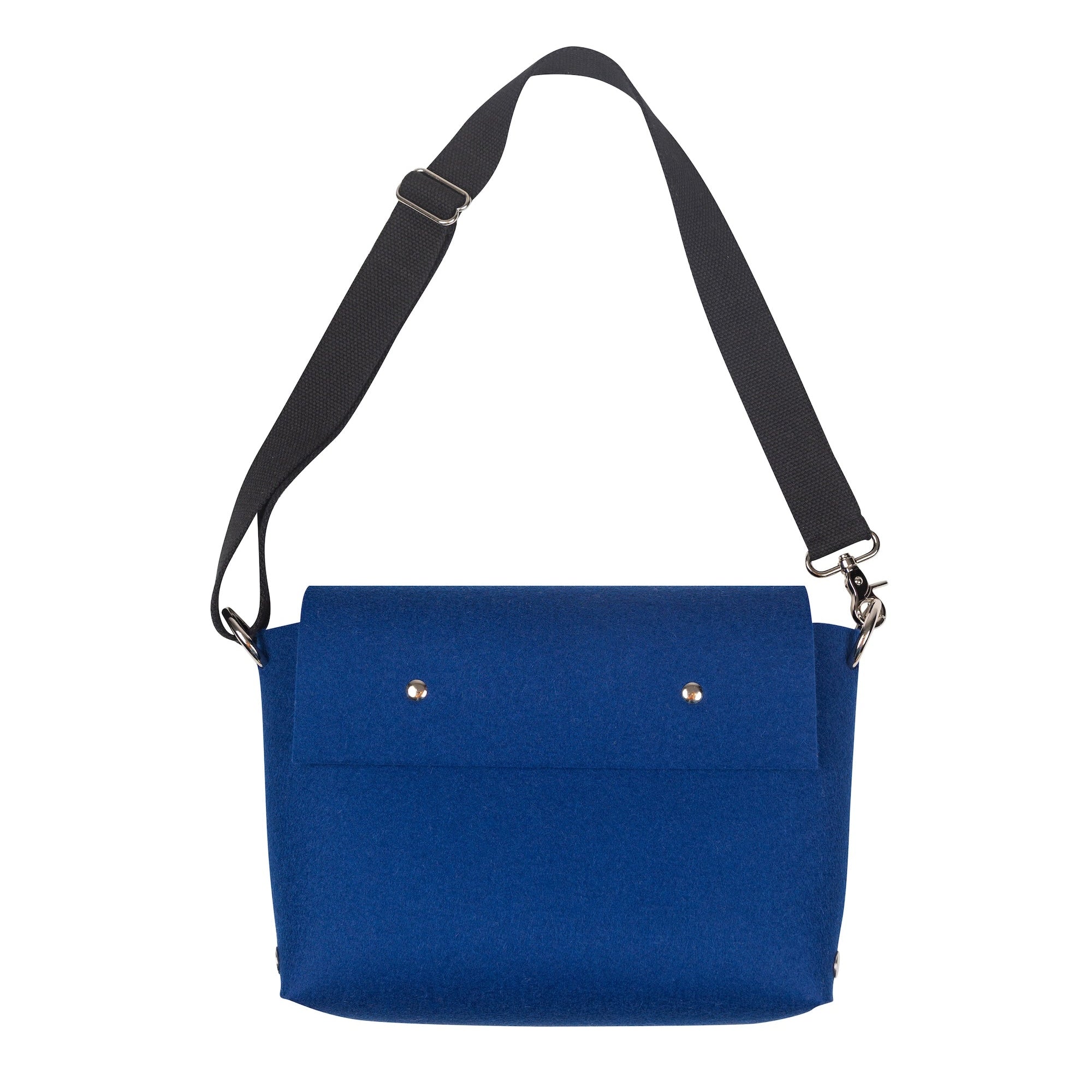 Blue shoulder bag with a black strap on a white background