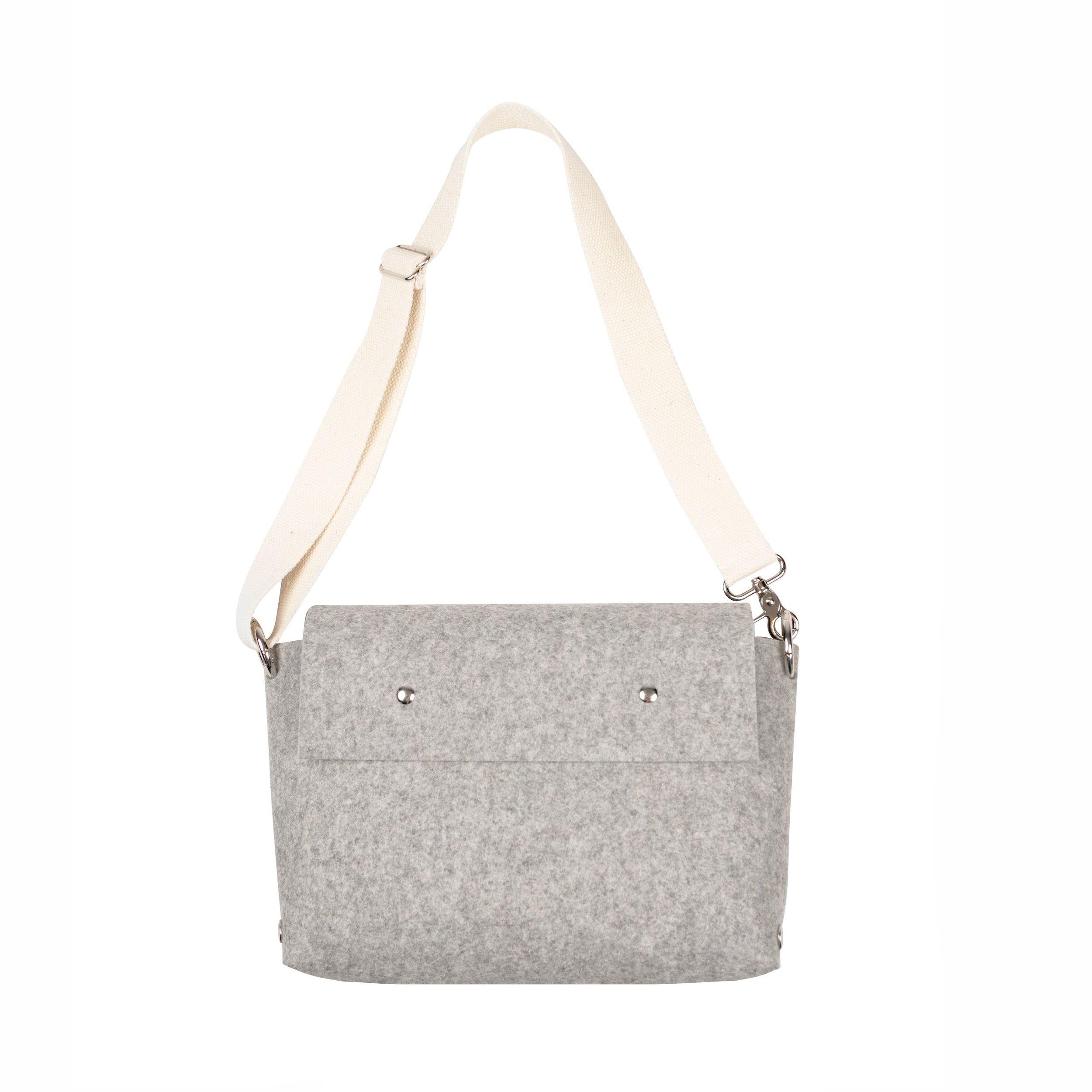 Gray shoulder bag with a white strap on a white background