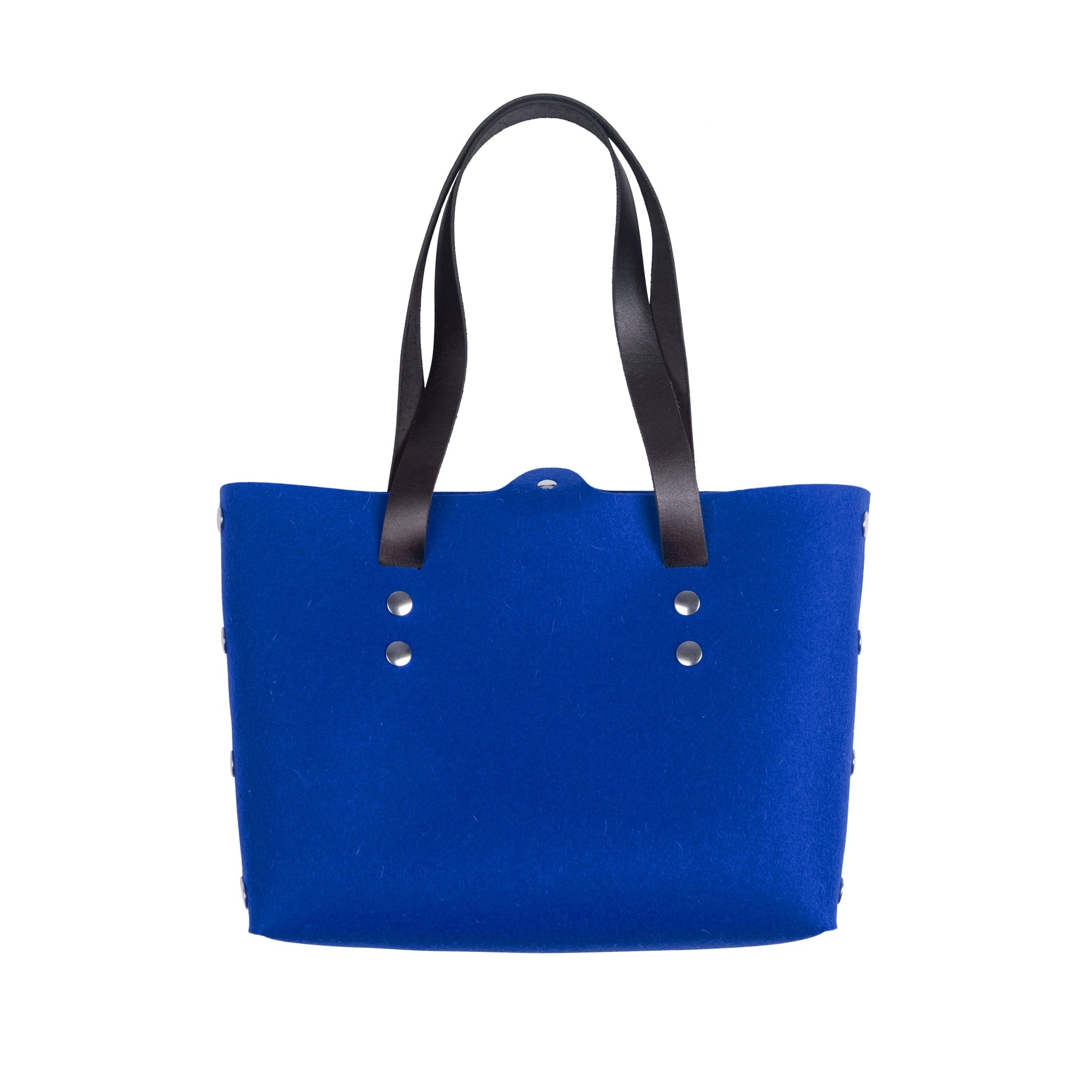 A bright blue felt tote bag with black leather handles and silver-tone metal rivets, shown against a plain white background.